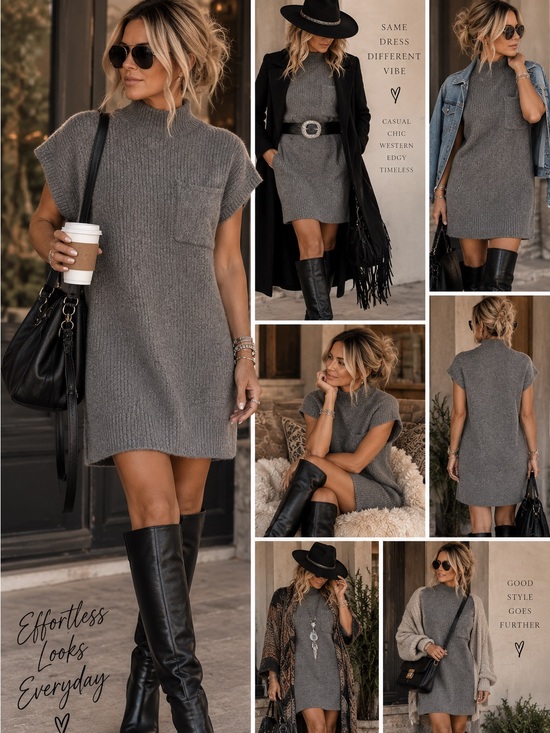 Zenana Outfitters Dresses & Skirts - Zenana Outfitters Gray Knit Mock Neck Mini Dress